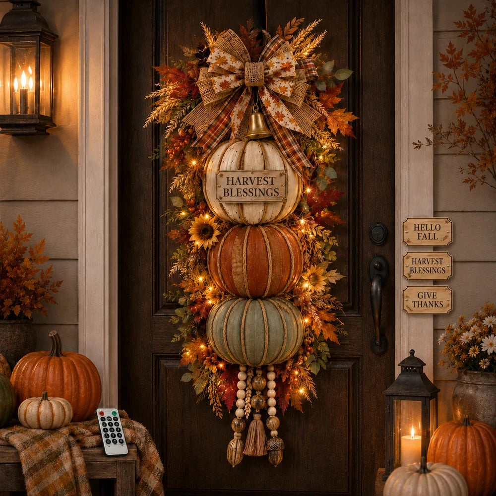 🏡🎃Lighted Stacked Pumpkin Fall Door Decor with 3 Seasonal Plaques